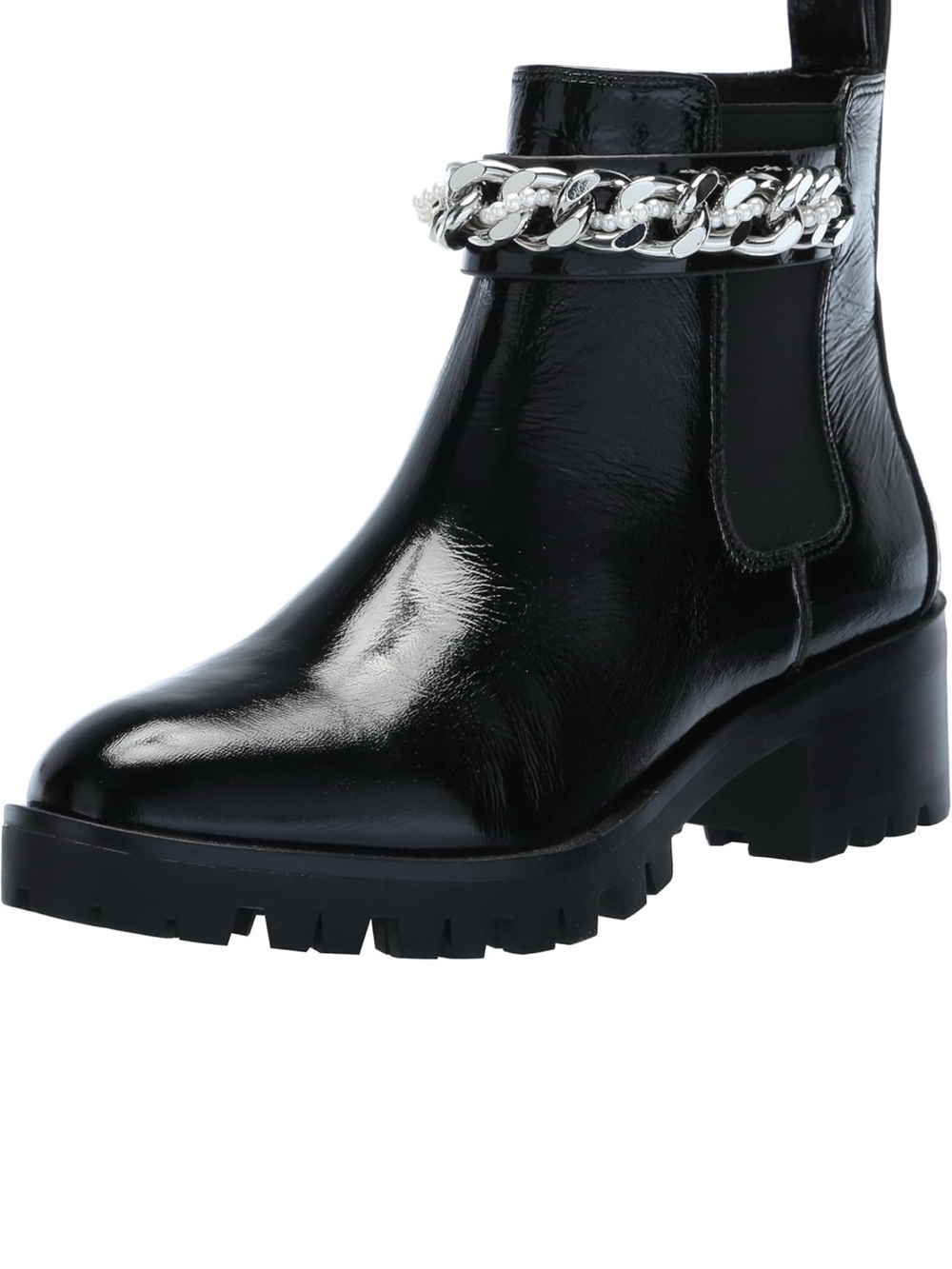 Karl Lagerfeld Black Patent Chelsea Boot with Silver Chain